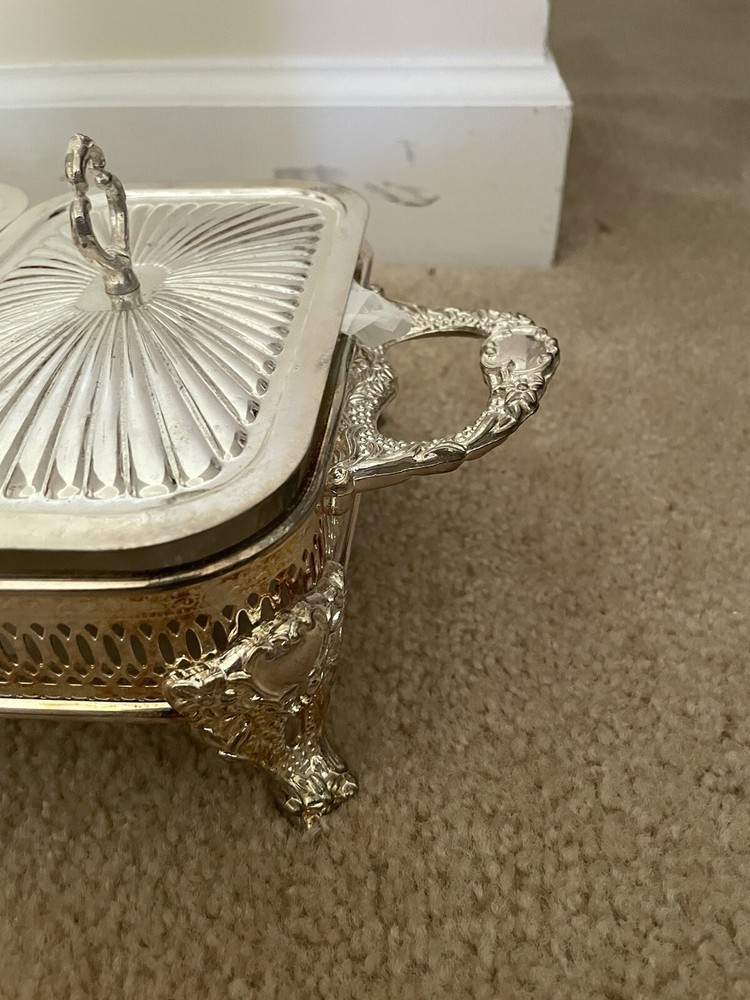 Vintage Silver Plated Covered Triple Baker w/Glass Liners