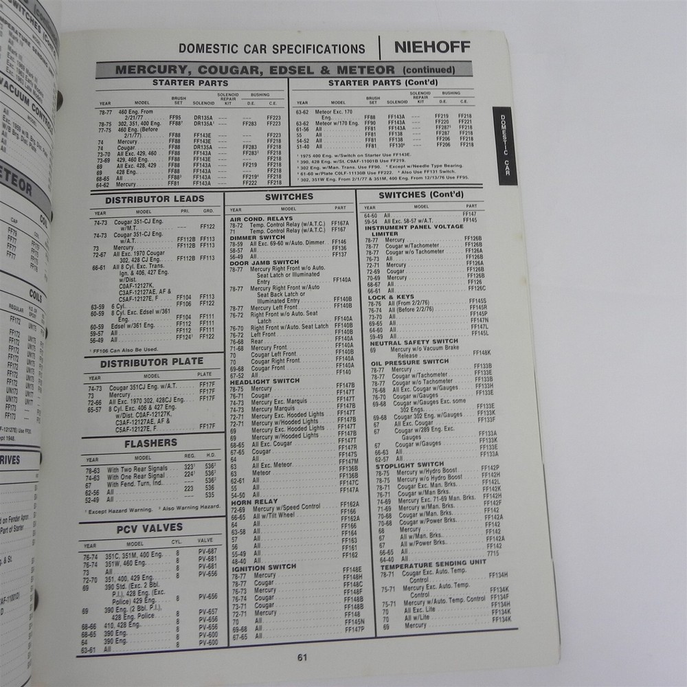 1978 CE NIEHOFF IGNITION ELECTRICAL PARTS CATALOG SPECIFICATIONS GUIDE BOOK