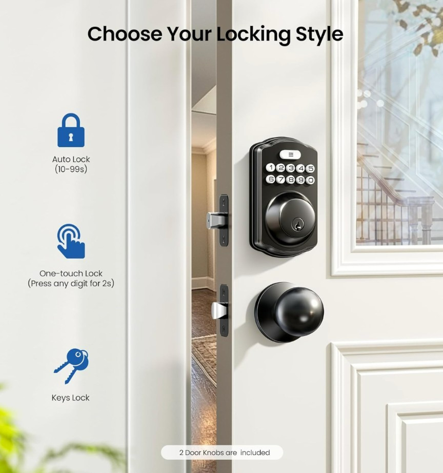 Veise Keyless Entry Door Lock 2 Knobs Backlit Keypad Deadbolt Open Box - Black