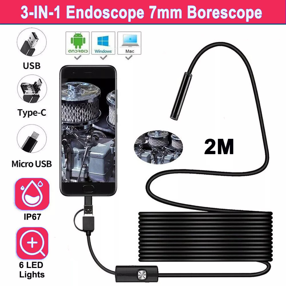 2M USB Snake Endoscope Borescope HD Inspection Camera Scope for Android 7mm