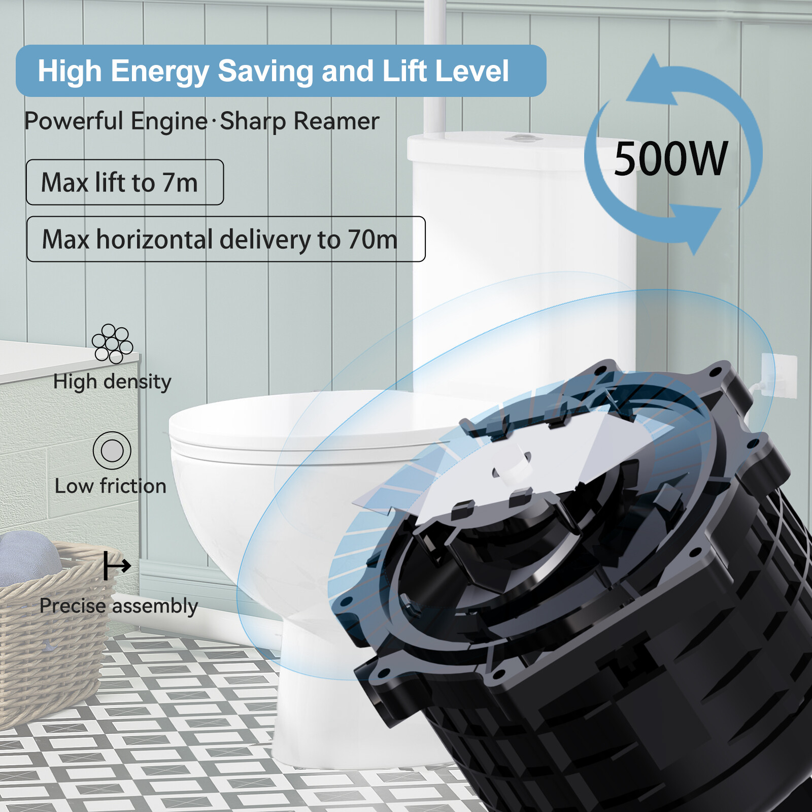 500W Upflush Macerating Toilet System Dual Flush for Basement with 4 Water Inlet