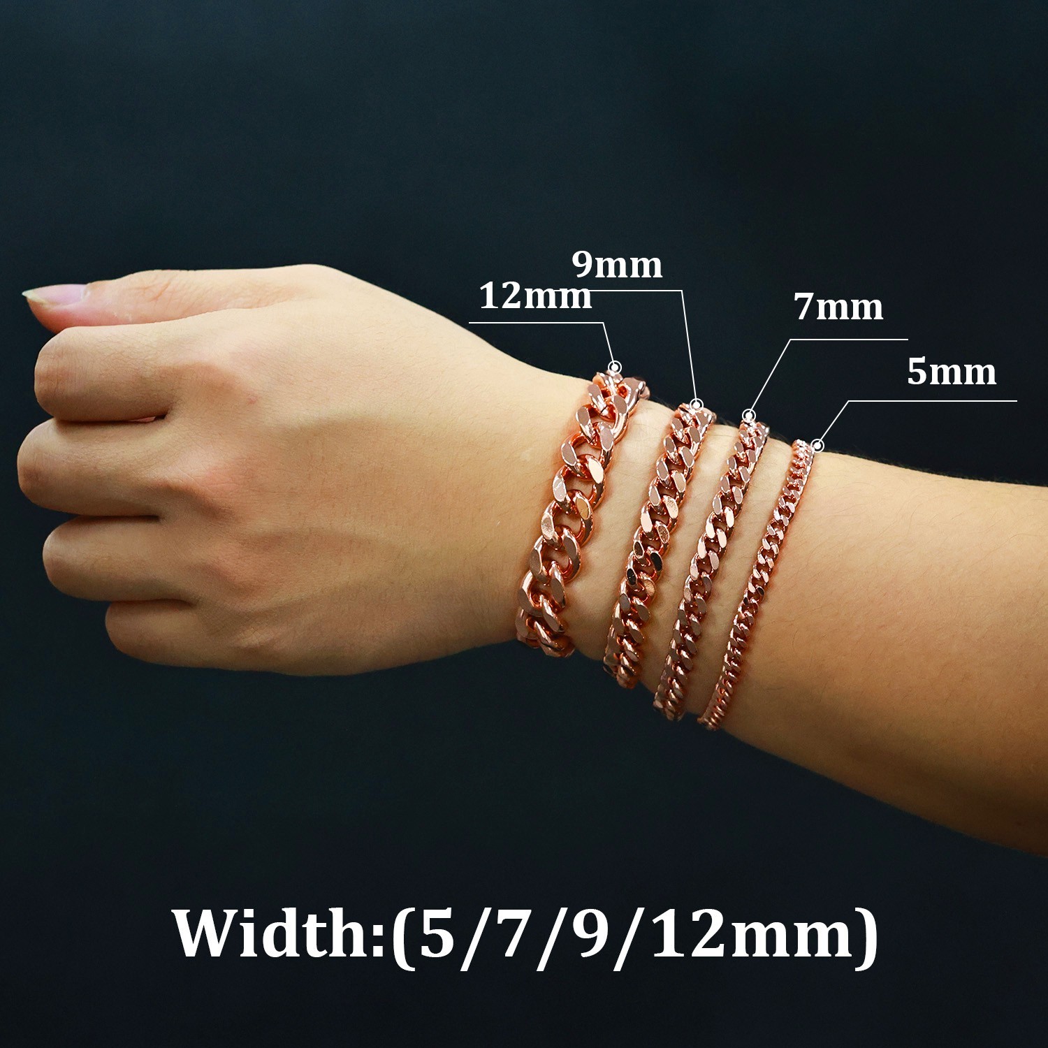99.9% Pure Copper Bracelet Cuban Curb Chain- 5, 7, 9, 12mm Widths 6.5" - 9" Long