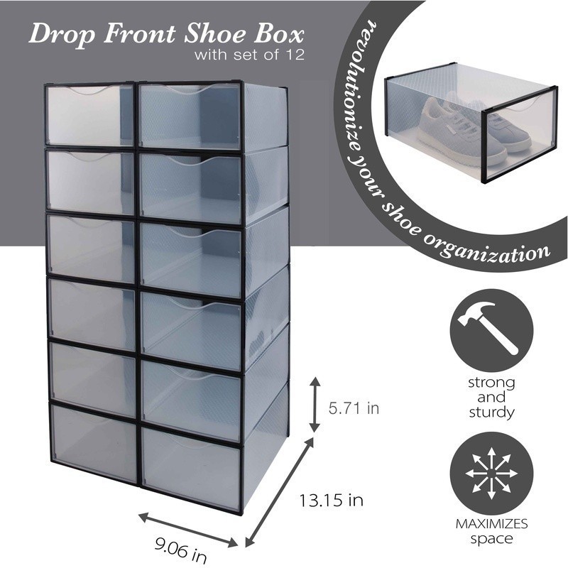 12 Stackable Shoe Boxes Clear Drop Front Easy Access Organizer Storage Solution