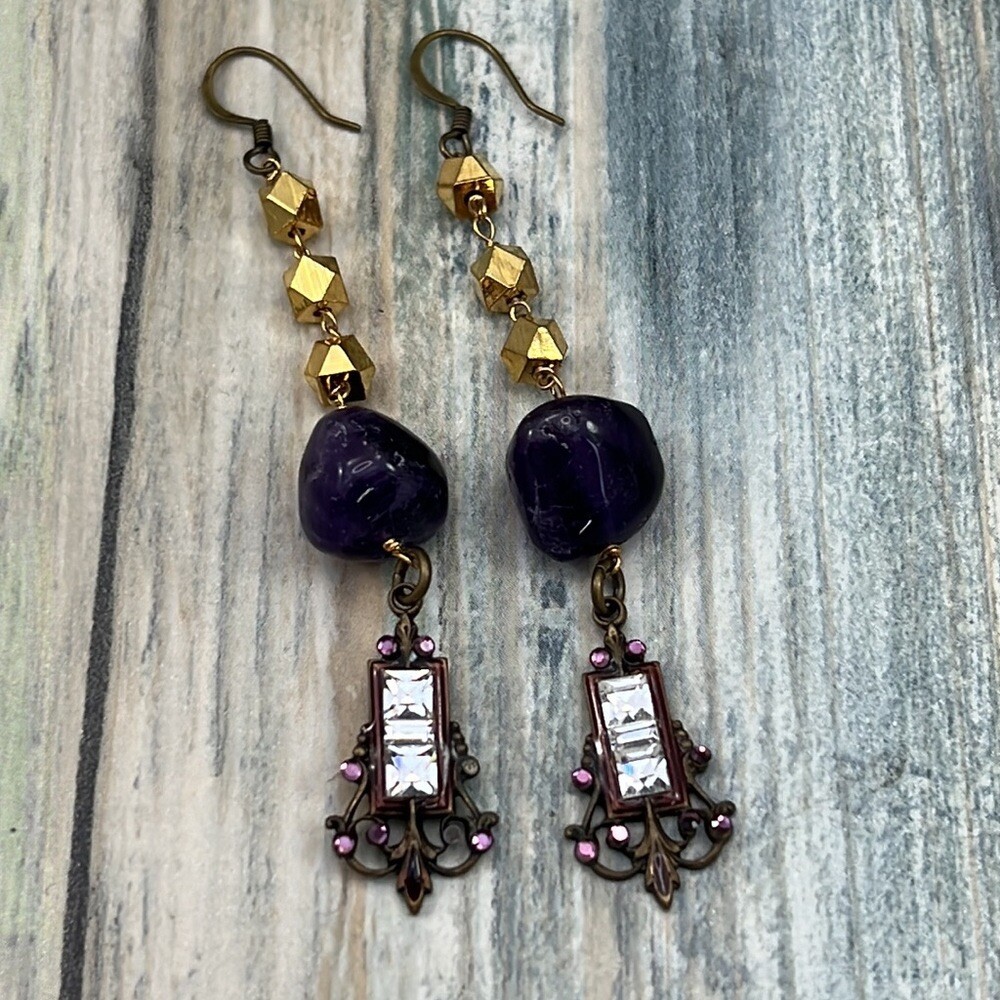 Adorned Crown Artisan Assemblage amethyst rhinestone gold cube earrings