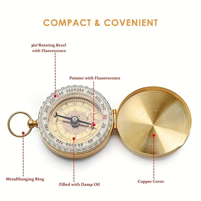 Waterproof Luminous Compass Camping Hiking Brass Compass Portable Compass