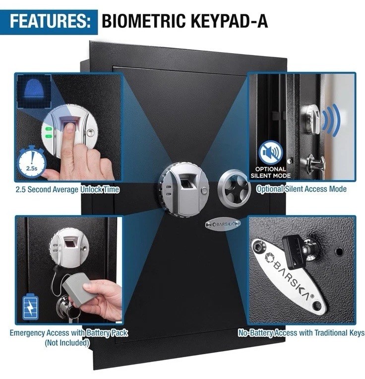 Barska Left Opening AX13034 Wall Mountable Wall Safe with Keys - Biometric Lock