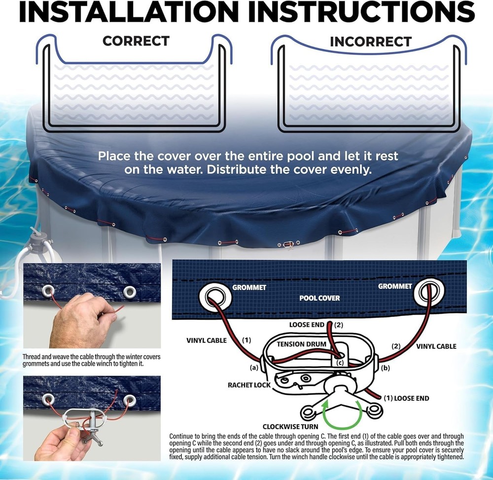 Navy Blue 24 ft Pool Cover with Drawstring for Easy Installation & Security