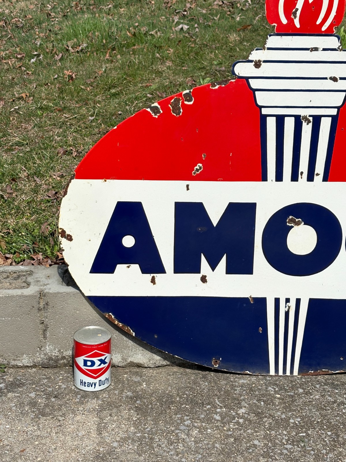 ORIGINAL 1950's "AMOCO GASOLINE" LARGE DOUBLE SIDED PORCELAIN DEALER SIGN, NICE