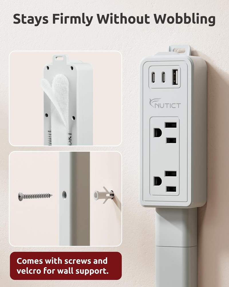NUTICT Electrical Outlet Extender Stick, 2 AC Outlets & 2 USB-C & large, Grey