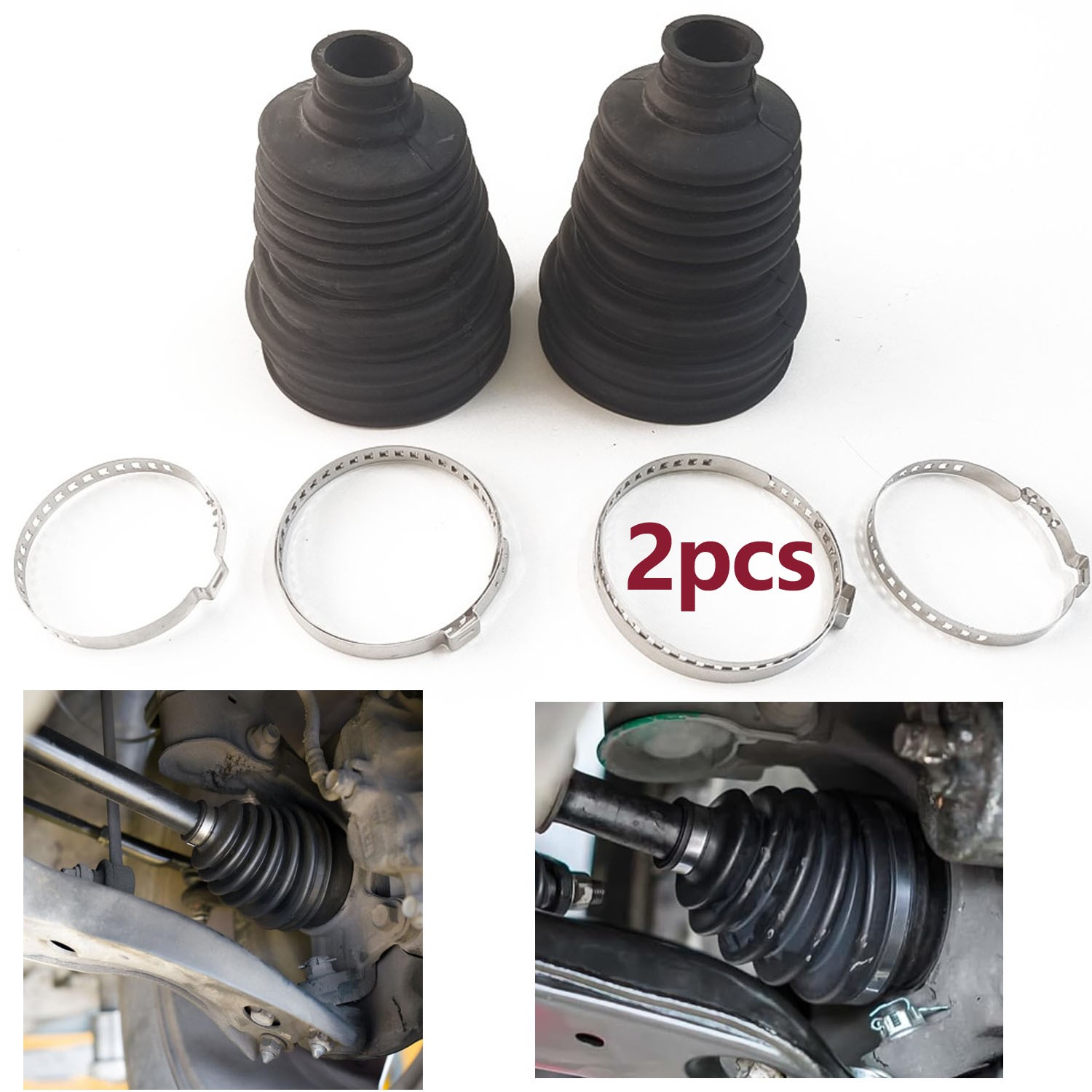 2‌X Car Drive Shaft CV Axle Joint Boot Dust Cover Kit Universal Rubber w/Clamp‌s