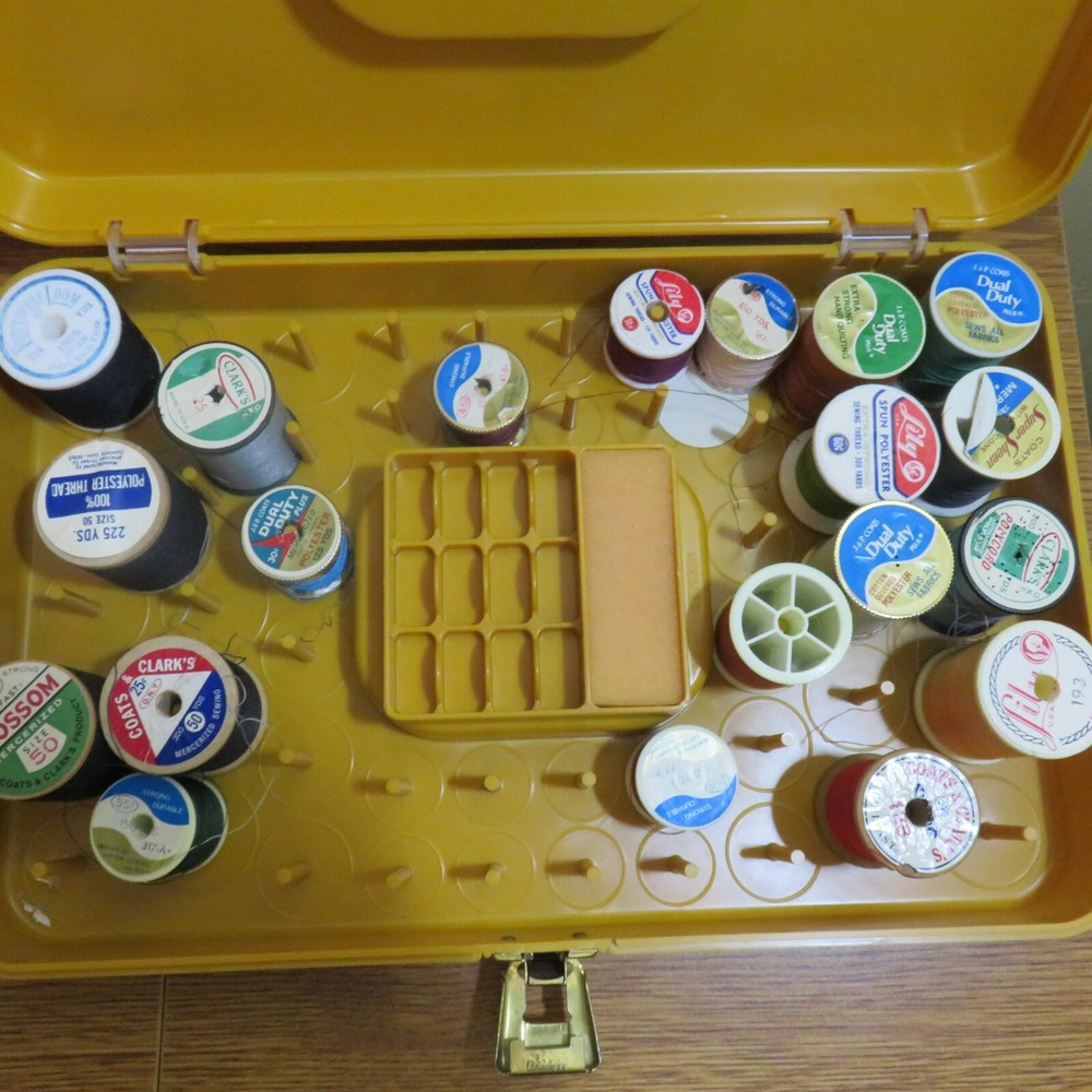 Vintage Wilson Thread Spool Bobbin Storage Box Gold with Thread
