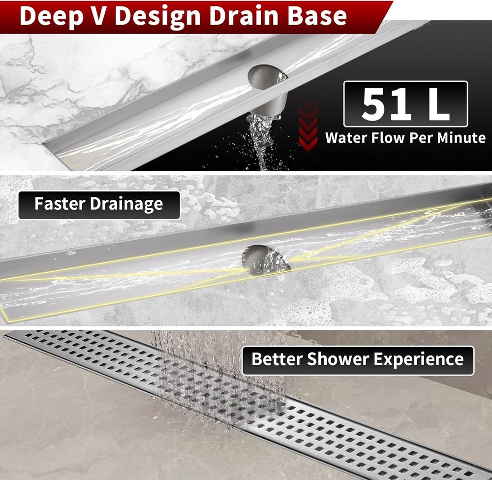 Sharp-tec 32 inch Linear Shower Drain, Brushed Rectangular Floor Drain, V-Shape