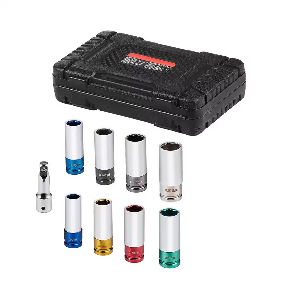 Lug Nut Impact Socket Set, 1/2 In. Drive Metric and SAE 6-Point Deep Socket Set,