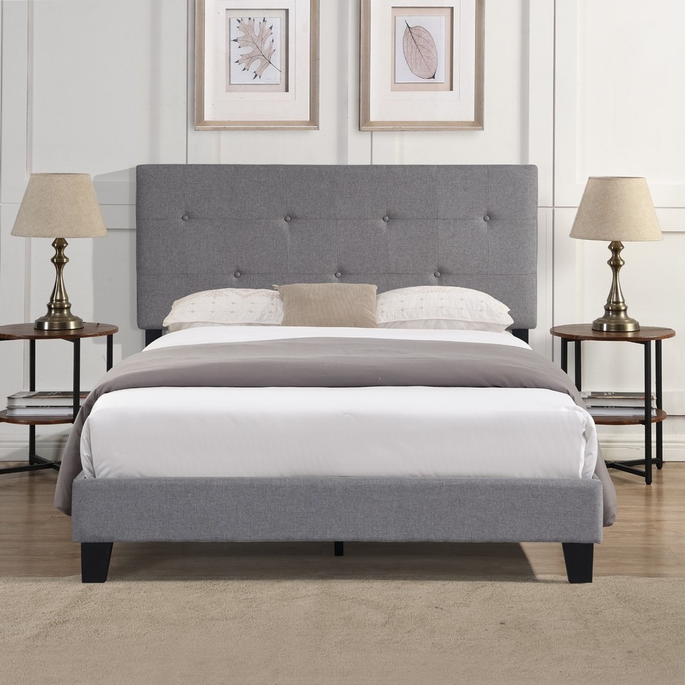 Full Size Upholstered Platform Bed Frame with Modern Button Tufted Linen