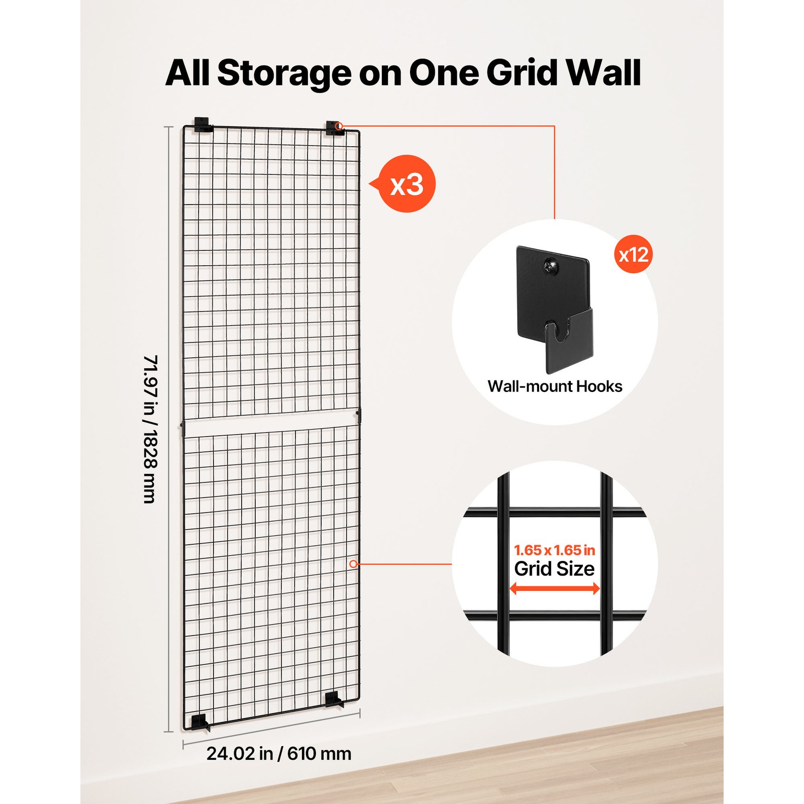Uimoso Set of 3 Wall Grid Panels 2x6 ft Wire Display Racks in Black Finish