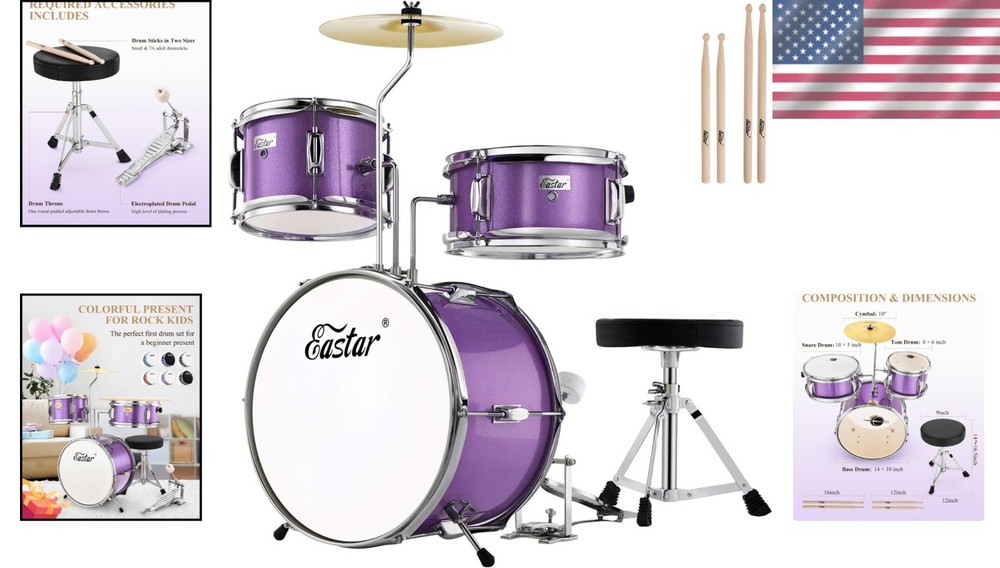 Junior Drum Set 14" Metallic Purple for Beginners