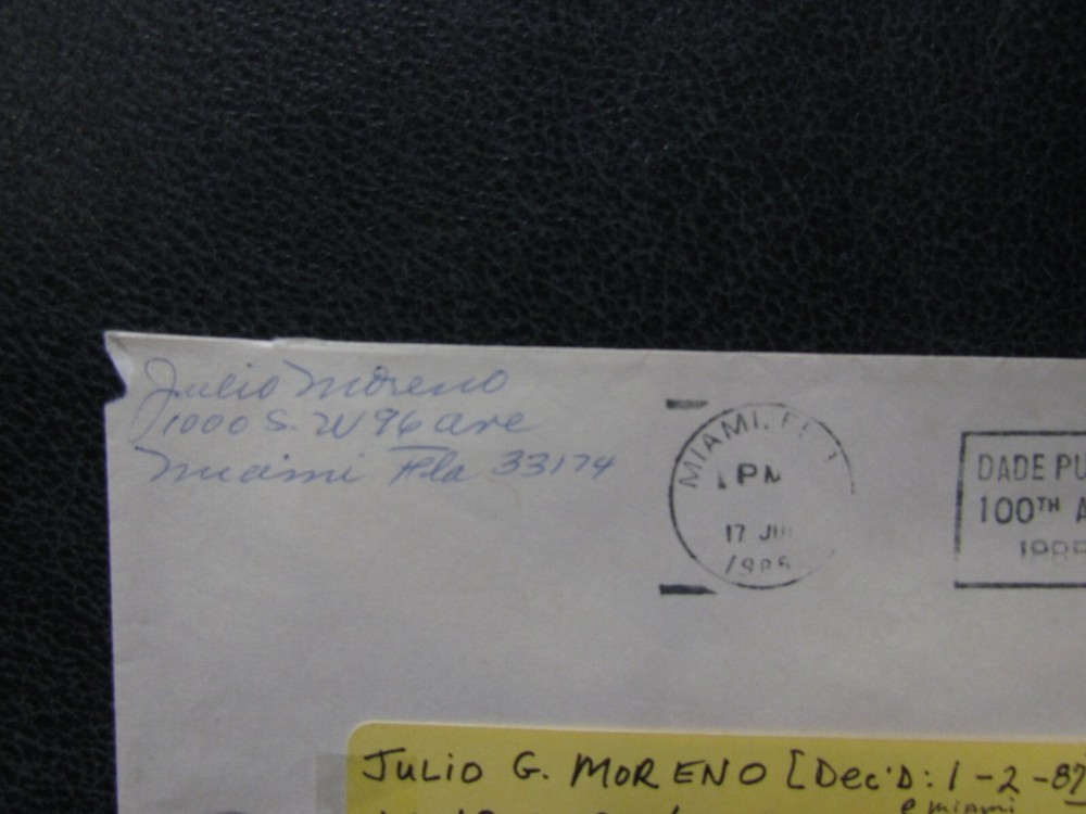 Julio Moreno Autographed Envelope JSA Auction Certified