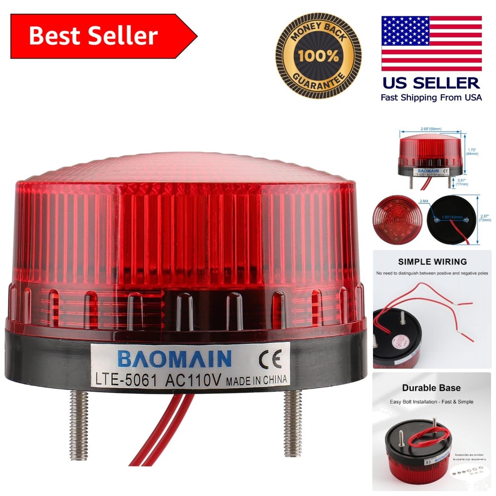 Compact 3W Red Strobe Warning Light - Polarity-Free, Easy Installation, 110V AC