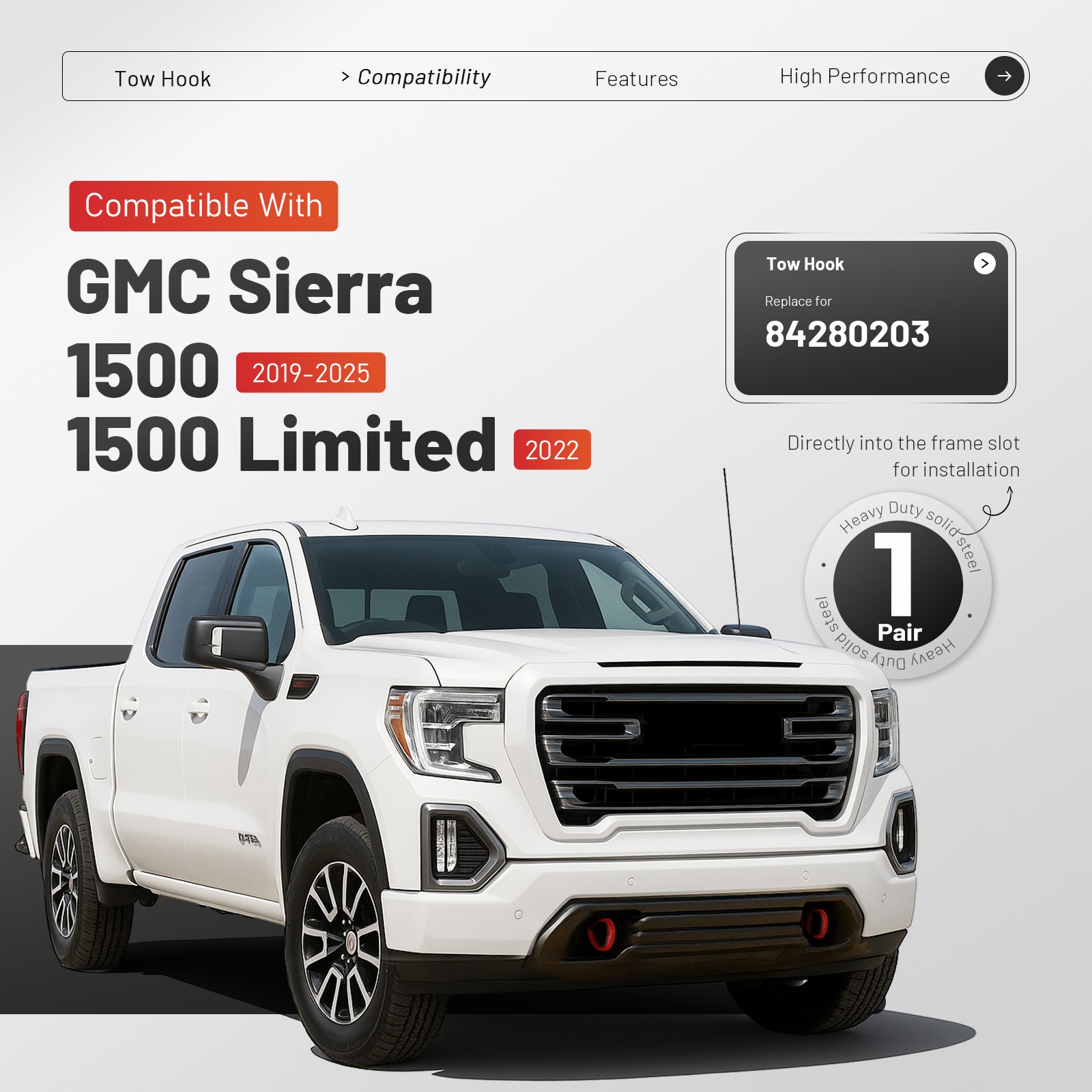 Red Front Tow Recovery Hooks w/ Bolts For GMC Sierra 1500 2019-2025 #84280203