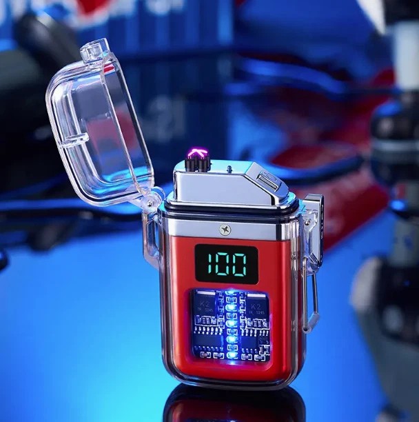 Transparent shell waterproof rechargeable pulse lighter with digital display NEW