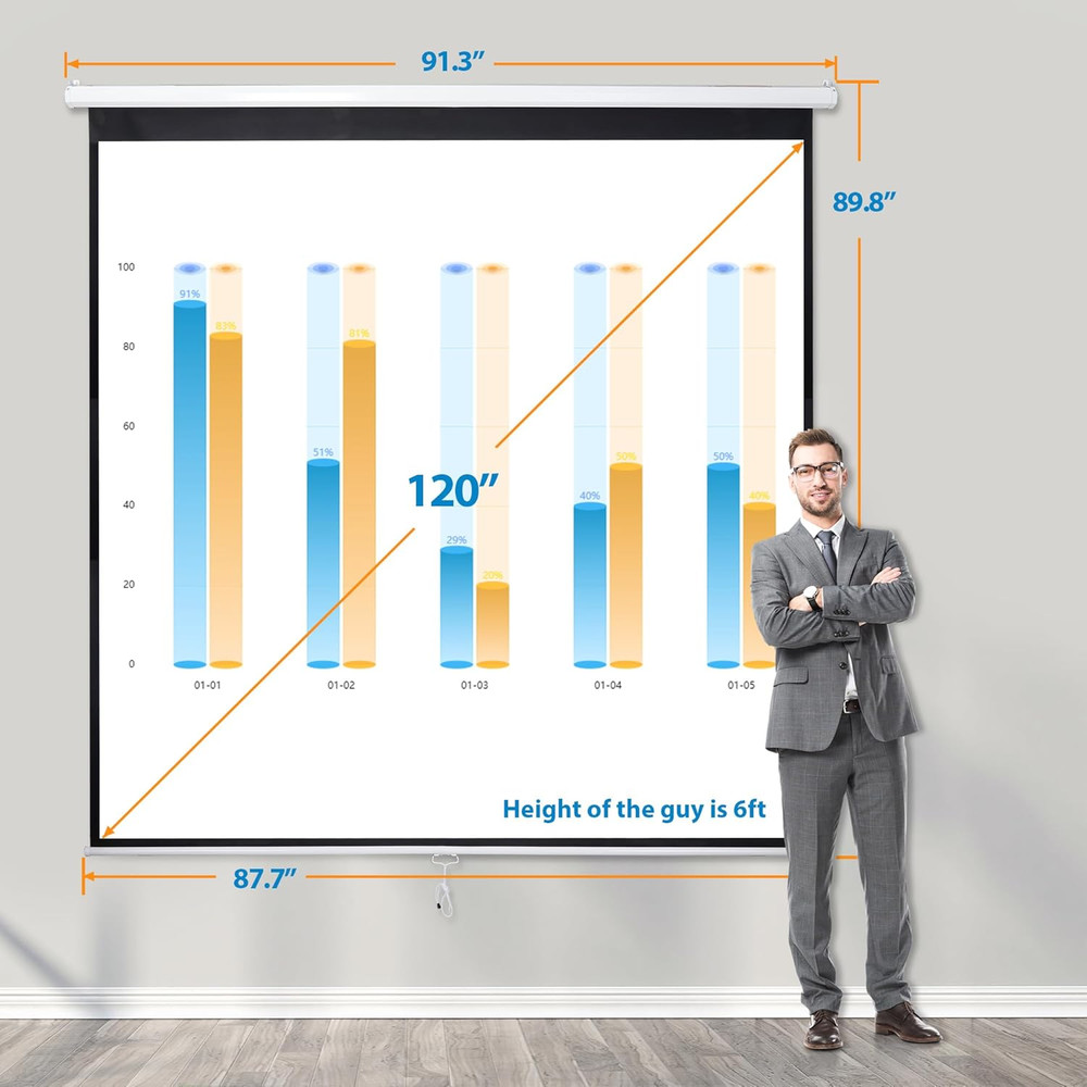 120'' Projector Screen Manual Pull Down, 1:1 Indoor Outdoor Projection Screen Mo