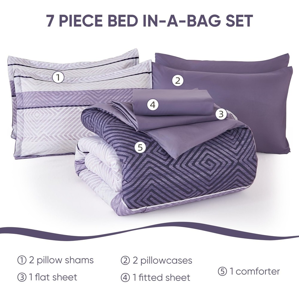 Drucon Queen 7-Piece Boho Striped Comforter Set - Soft Microfiber Bedding
