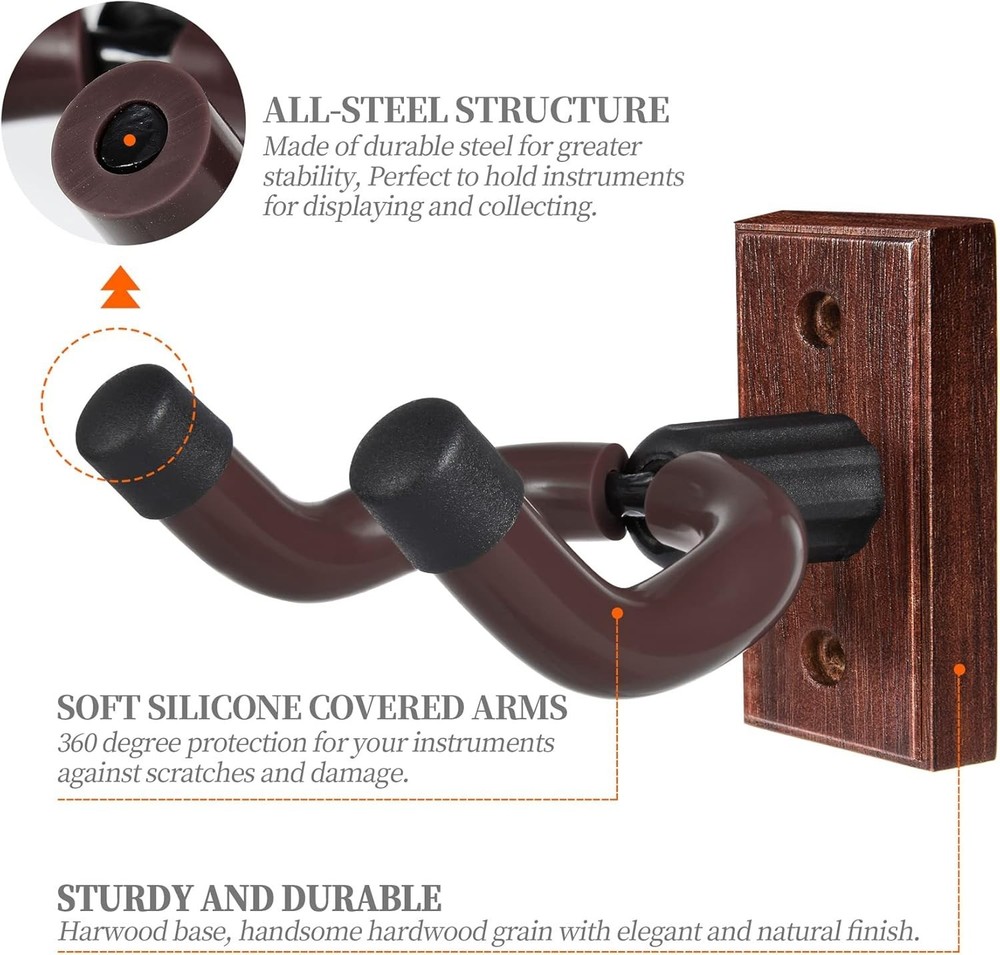Multi-Functional Guitar Wall Mount - 2 Pack Elegant Hangers for All Instruments