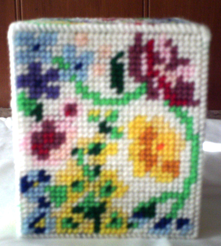 "Spring Flowers" Tissue Box Cover (Plastic & Yarn) Finished