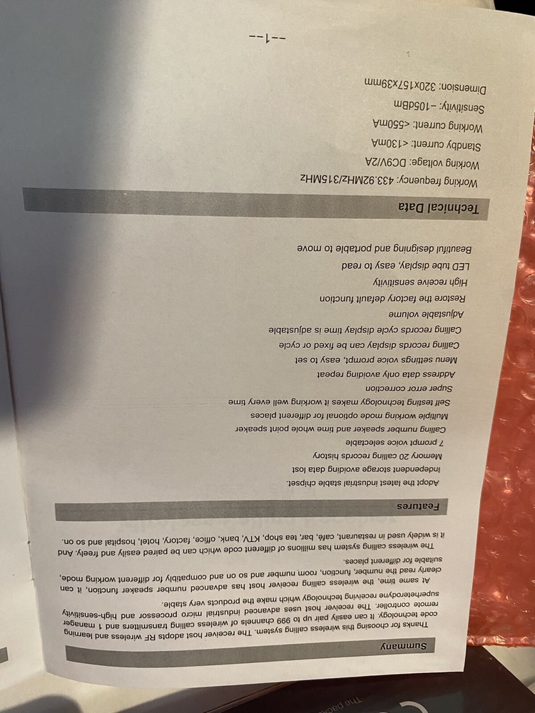 wireless calling system reciever model ZJ-39