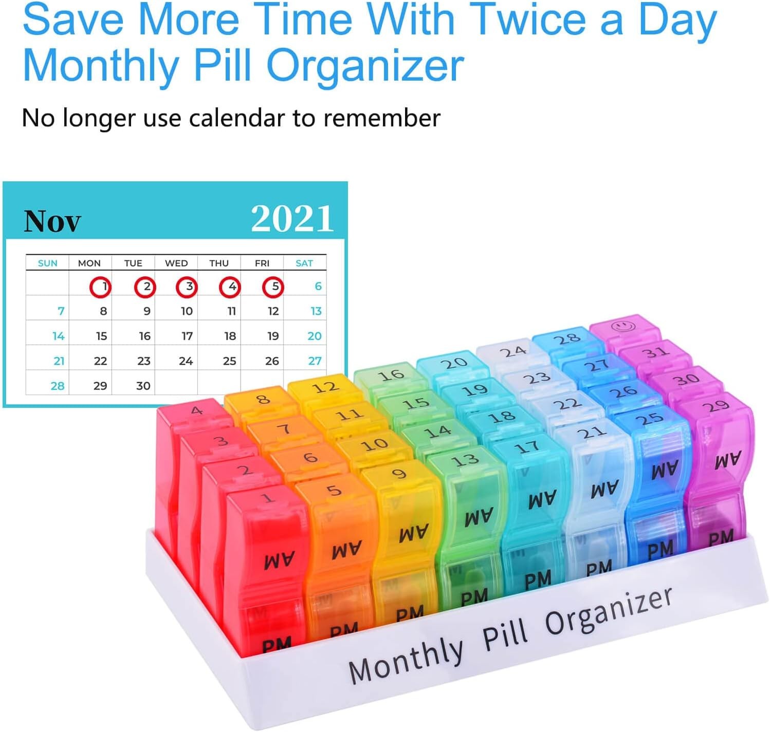 Monthly Pill Organizer 2 Times a Day, 30 Days Pill Box AM PM, 4 Week Pill Cases