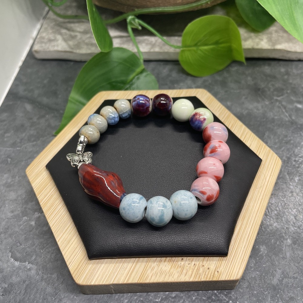 Handmade Ceramic Bead Beaded Stackable 6.25” Plus Stretch Bracelet New B470