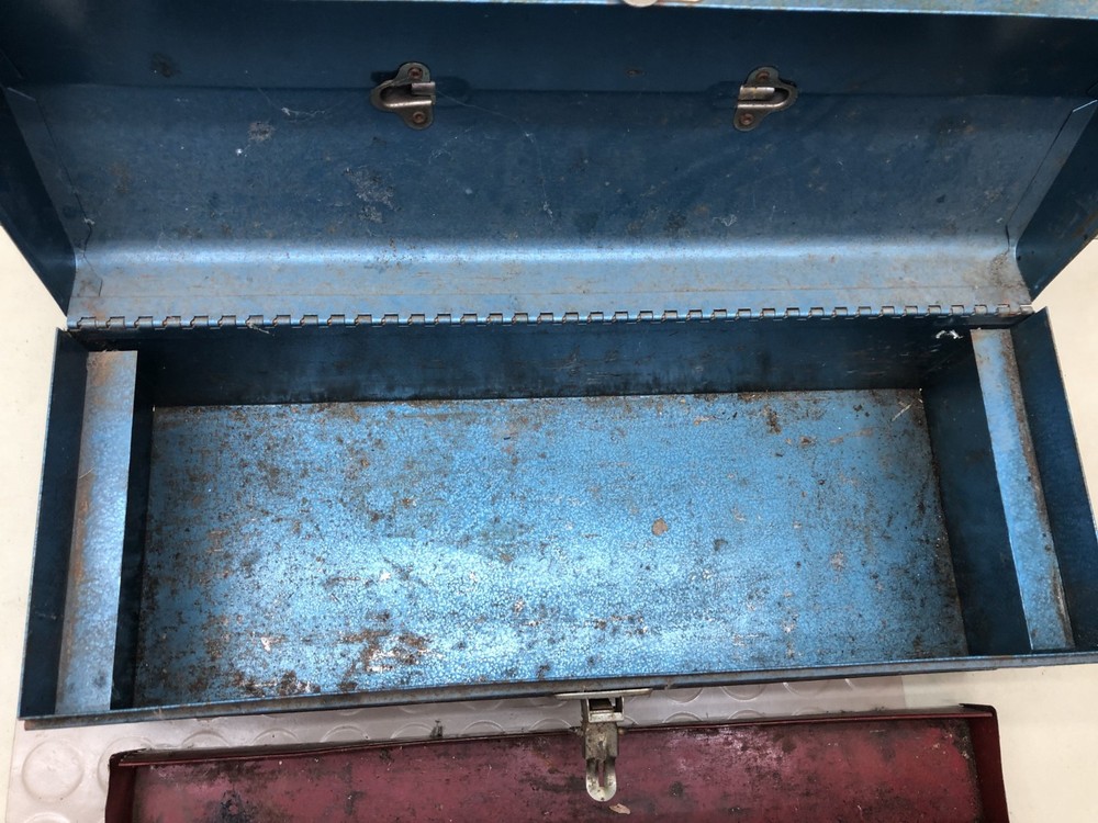 Vintage Blue Metal Toolbox With Red Tray Insert