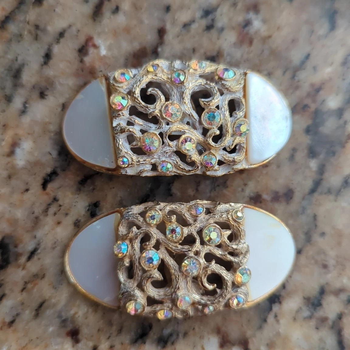 Vintage Musi Rhinestone Shoe Clips Silver Amber Oval Intricate Scrolling