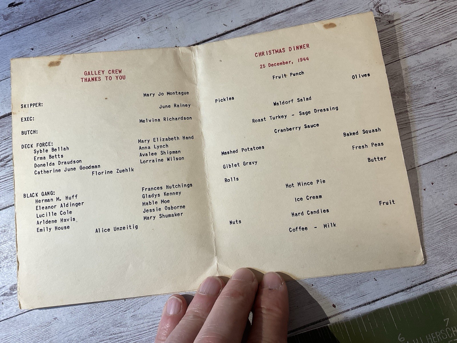 ORIGINAL WWII SPARS COAST GUARD WOMEN XMAS 1944 MENU SAN FRANCISCO BARRACKS