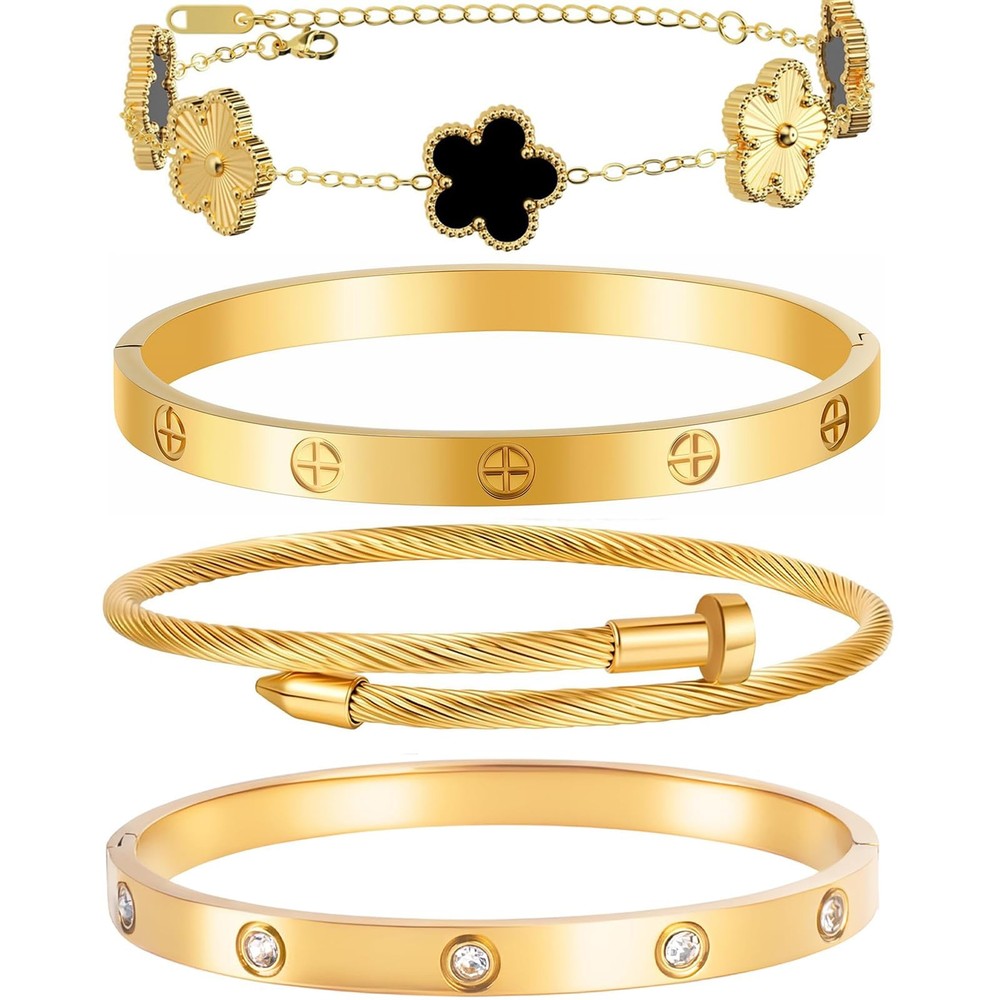 Ntutrxk One Size, Bracelets Stack 4Sets (Floral Black+Gold Bracelets,Bangle)