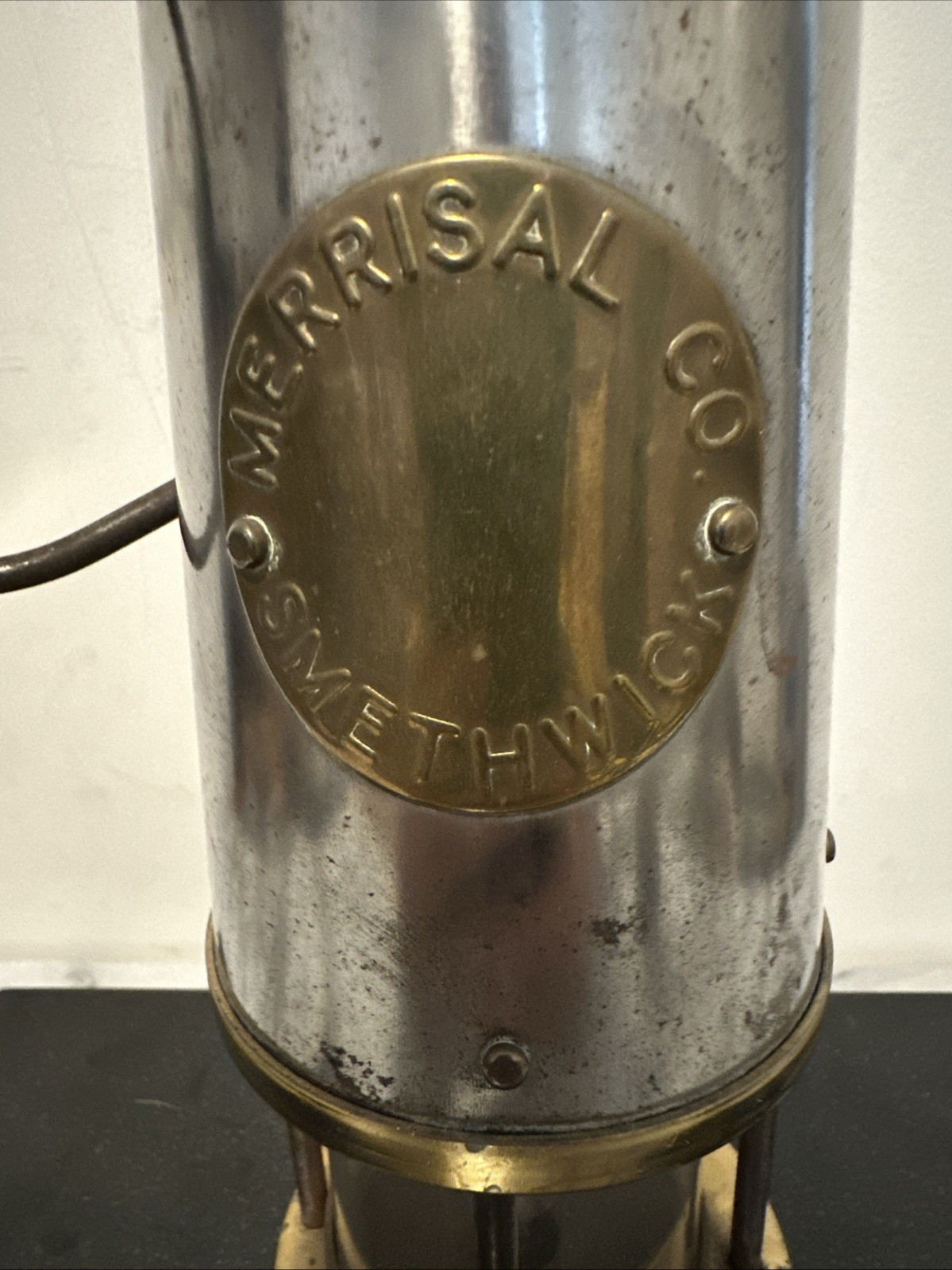 ANTIQUE MINER’S LAMP Merrisal Co. Smethwick Marking Brass Glass Insert READ