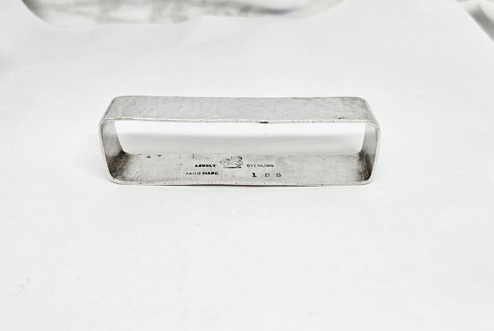 ANTIQUE LEBOLT LARGE HAND HAMMERED STERLING SILVER RECTANGULAR NAPKIN RING,D