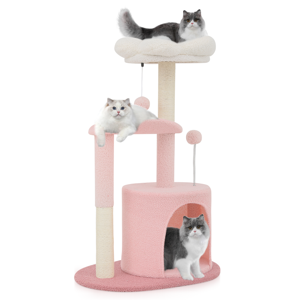 33" Cat Tree Tower Multi Level Scratching Post Pink Flower Activity Center Toys