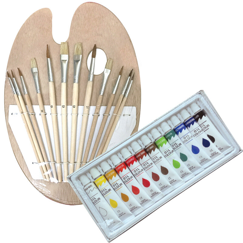 12 OIL COLOR Painting Paint Set + 12 Brush Set with Wood Palette Artist SET