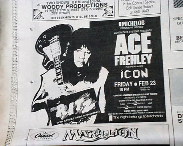 ACE FREHLEY Spaceman Lead Guitarist of KISS Ritz Solo Concert 1990 Advertisement