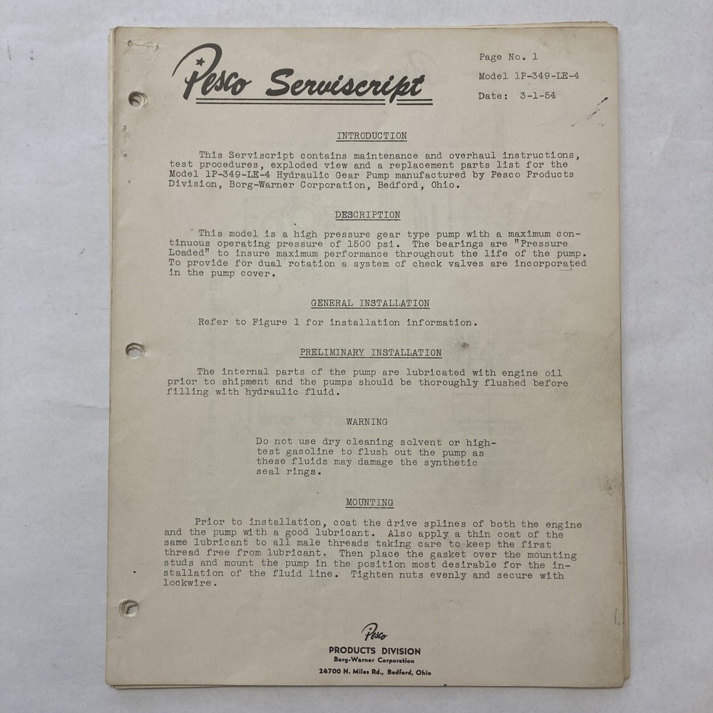 Pesco Serviscript Model 1P-349-LE-4 Series