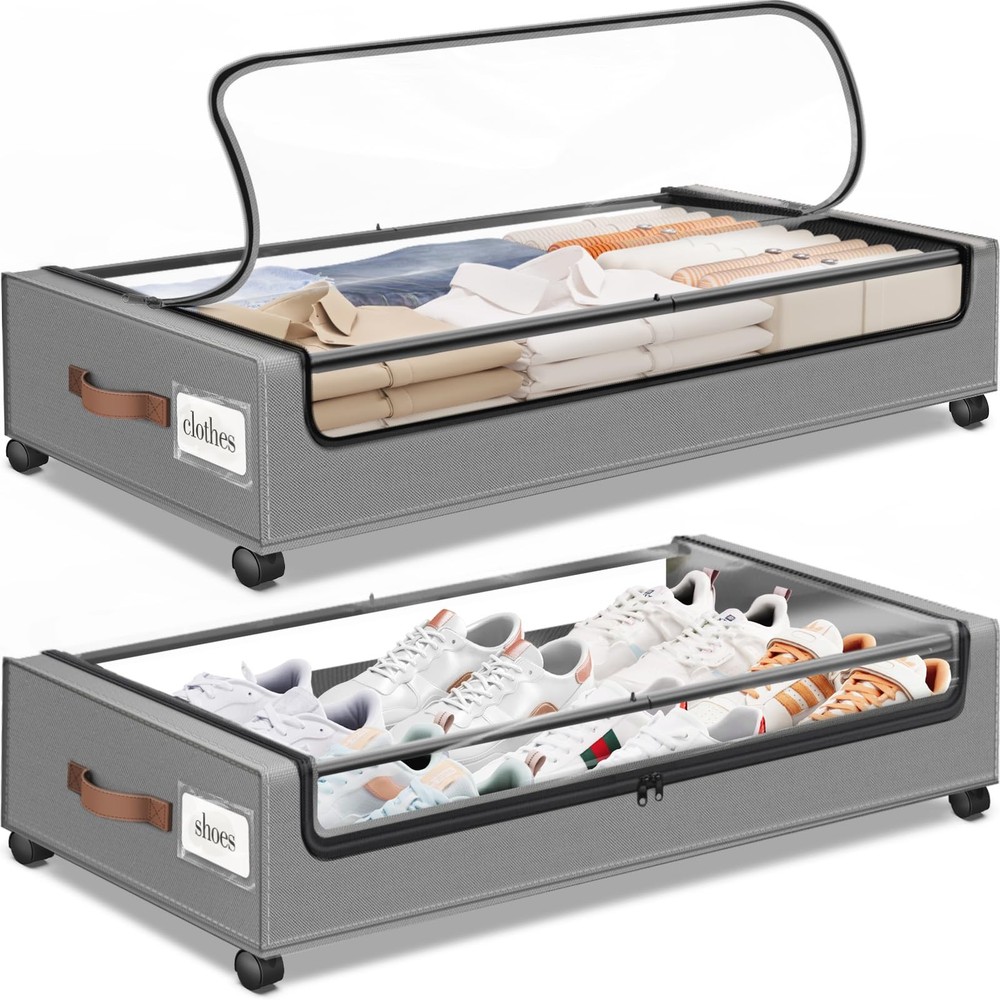 Under Bed Storage with Wheels 2Pack Underbed Storage with Clear Window&Label ...