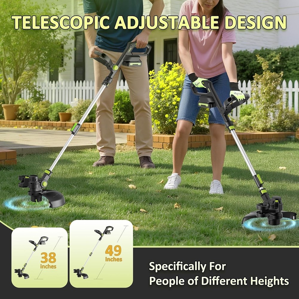 Adjustable Telescopic String Trimmer with 12'' Cutting Width & 2 Batteries