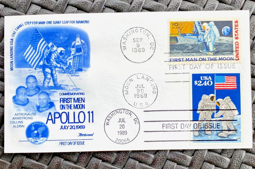 C76 & 2419 - 7 FDCs MOON LANDING Items- Various Cachets & Vintage 3D Postcard