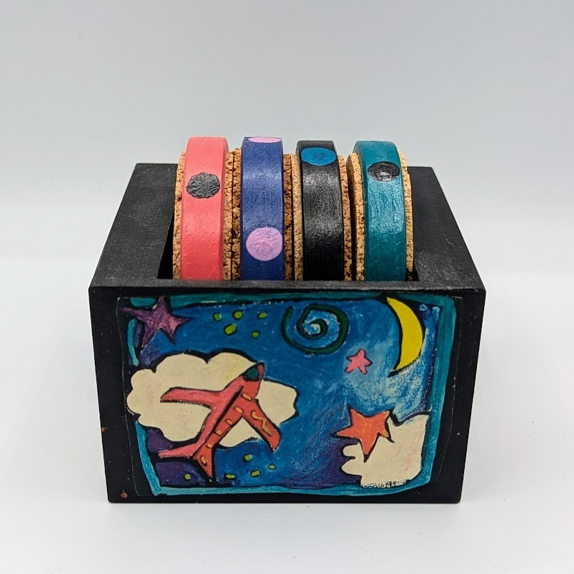 4 x Hand Made Cork Coasters, Colorfully Painted