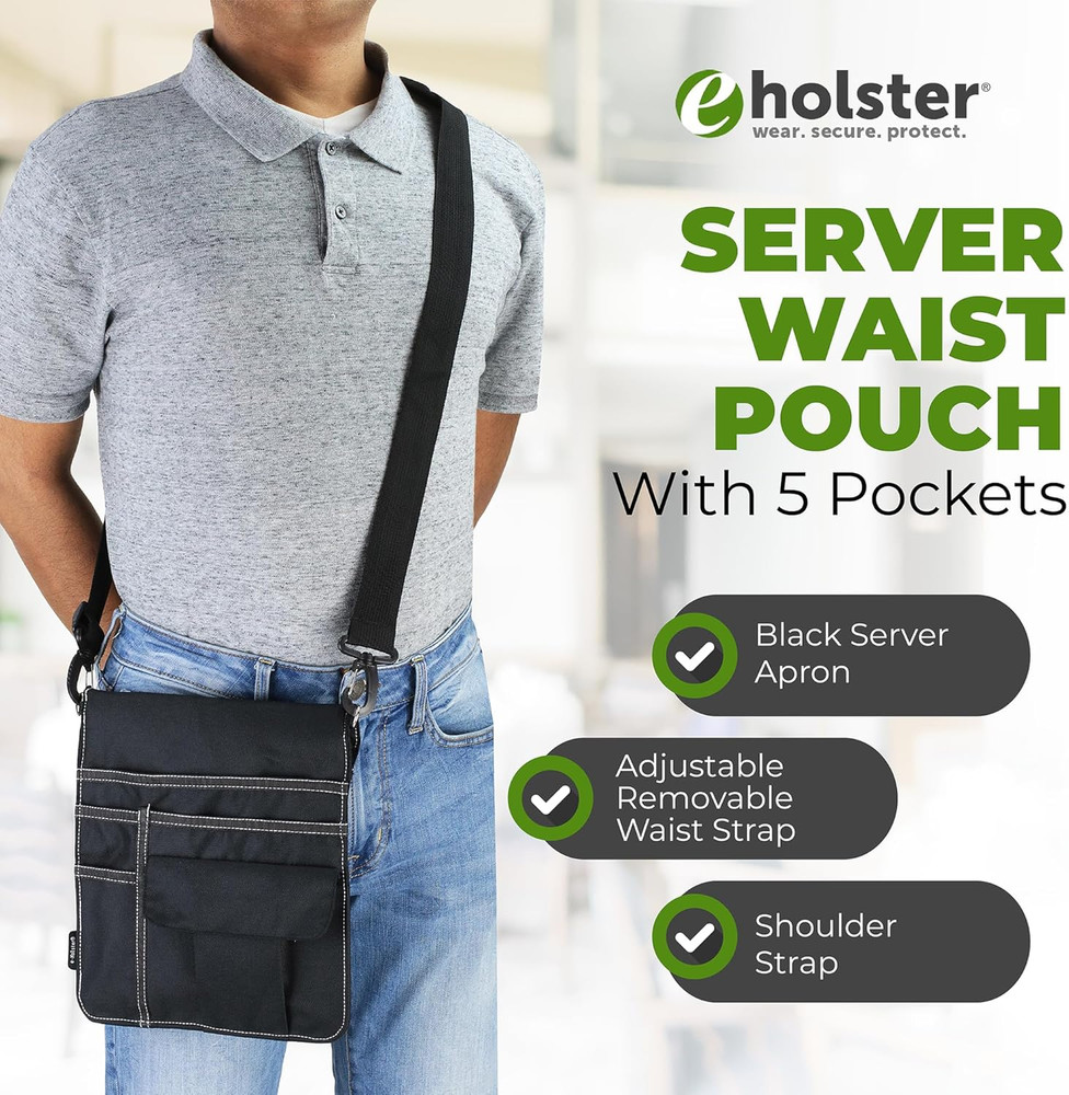 Waitress Apron with 5 Pockets - Black Server Apron with Adjustable/Removable Wai