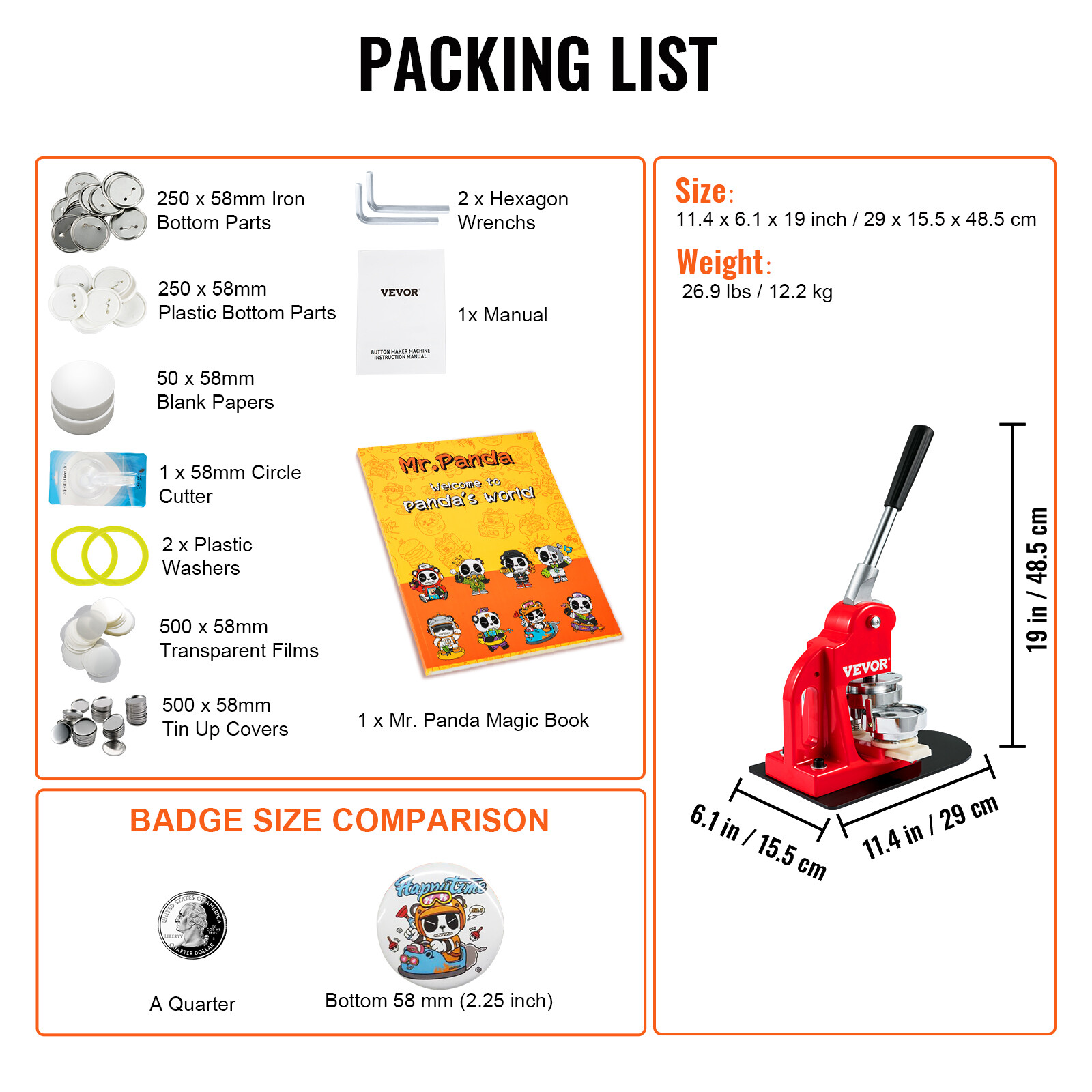 VEVOR Button Maker Machine Badge Pin Machine 2.25" 58MM 500 Free Parts Press Kit