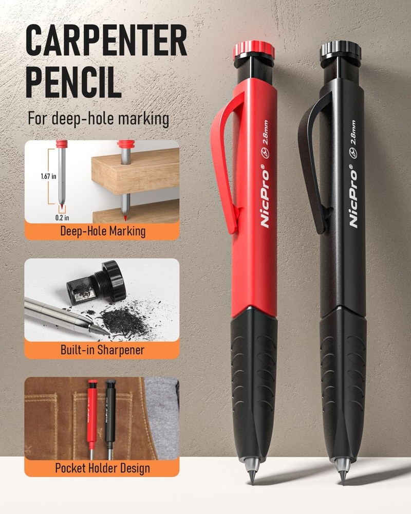 Nicpro 17Pack CP2000 Carpenter Pencil Set with Sharpener, Multicolor