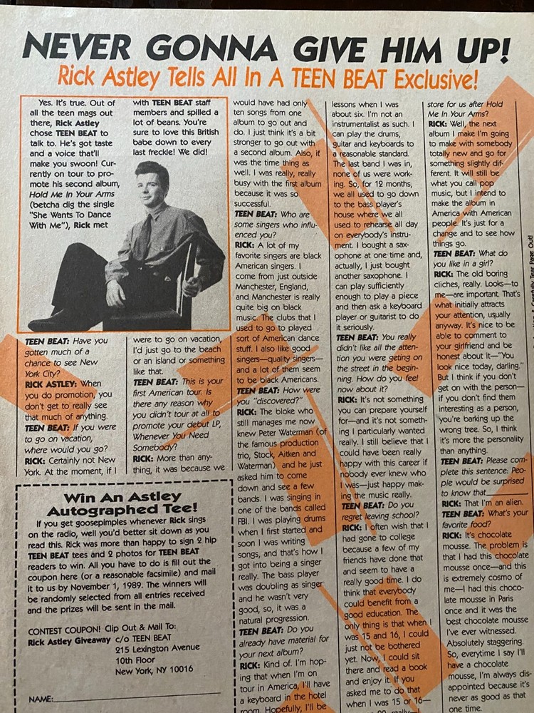 Rick Astley, Full Page Vintage Clipping