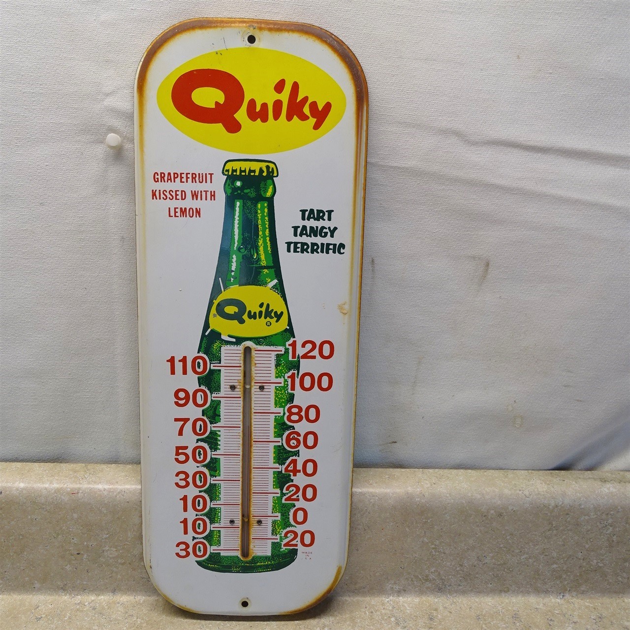 Vintage Quiky Lemon Thermometer Soda Pop, Original Metal, 16" Tombstone